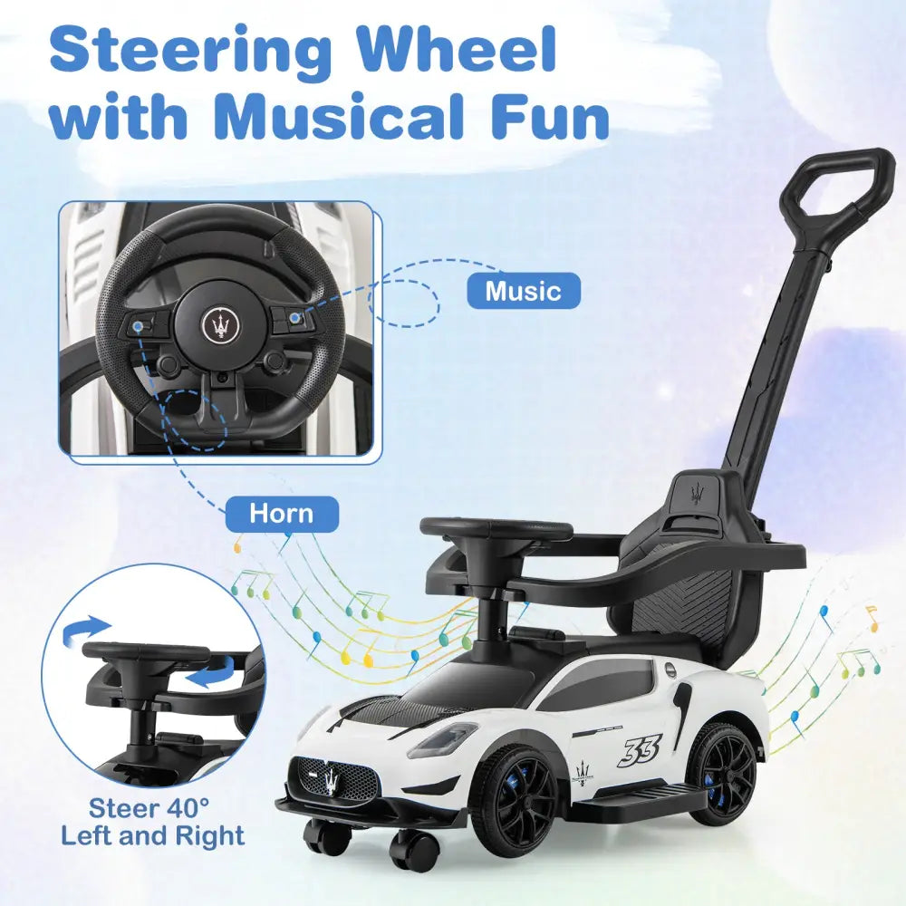 3-in-1 Ride on Push Car Maserati Licensed Sliding Car with Music-White - White - Push & Pedal Ride On Toys