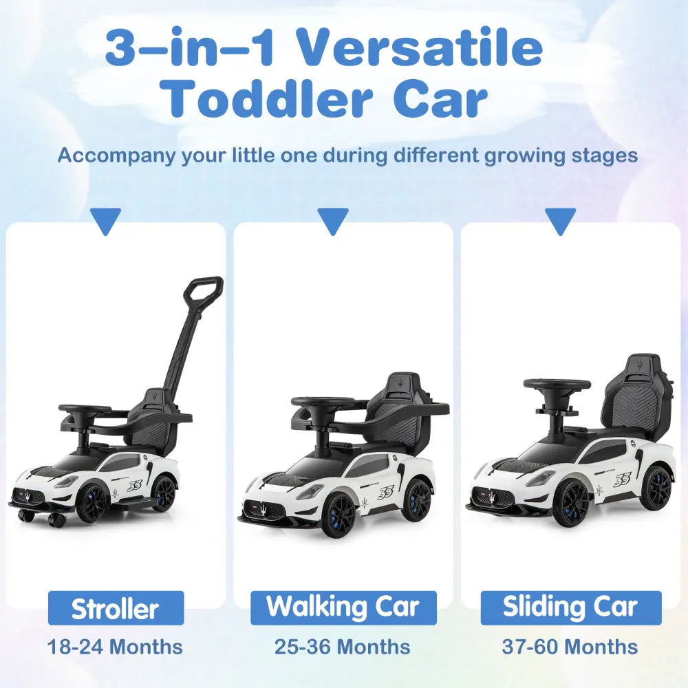 3-in-1 Ride on Push Car Maserati Licensed Sliding Car with Music-White - White - Push & Pedal Ride On Toys