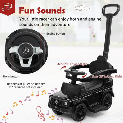 3-In-1 Ride on Push Car Mercedes Benz G350 Stroller Sliding Car with Canopy-Black - Black - Push & Pedal Ride On Toys