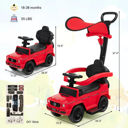 3-In-1 Ride on Push Car Mercedes Benz G350 Stroller Sliding Car with Canopy-Red - Red - Push & Pedal Ride On Toys