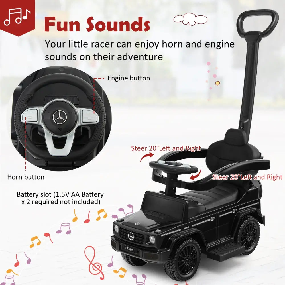 3-In-1 Ride on Push Car Mercedes Benz G350 Stroller Sliding Car with Canopy-Black - Black - Push & Pedal Ride On Toys