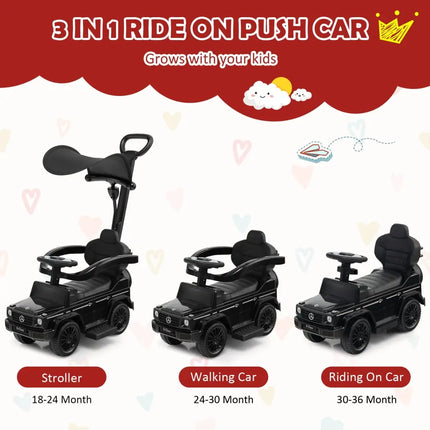 3-In-1 Ride on Push Car Mercedes Benz G350 Stroller Sliding Car with Canopy-Black - Black - Push & Pedal Ride On Toys