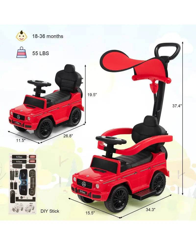 3-In-1 Ride on Push Car Mercedes Benz G350 Stroller Sliding Car with Canopy-Red - Red - Push & Pedal Ride On Toys