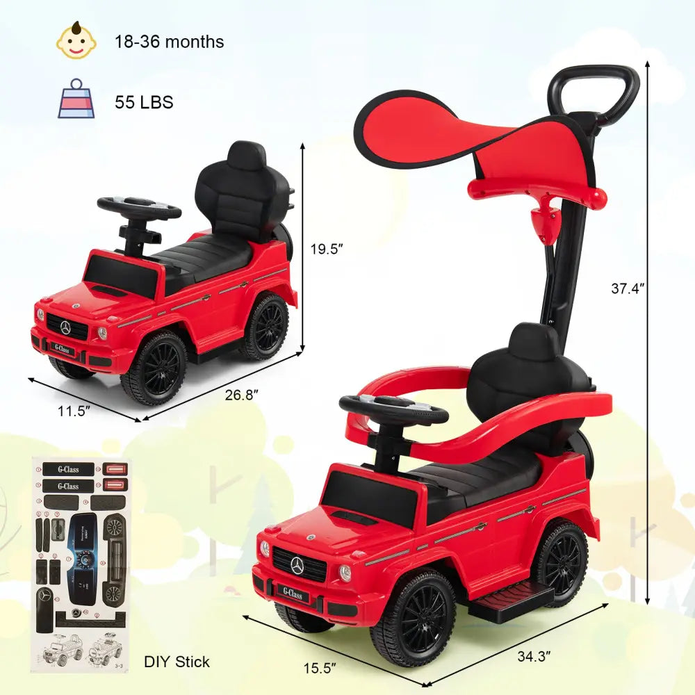 3-In-1 Ride on Push Car Mercedes Benz G350 Stroller Sliding Car with Canopy-Red - Red - Push & Pedal Ride On Toys