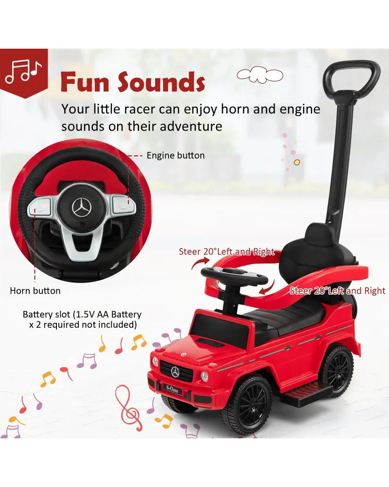 3-In-1 Ride on Push Car Mercedes Benz G350 Stroller Sliding Car with Canopy-Red - Red - Push & Pedal Ride On Toys