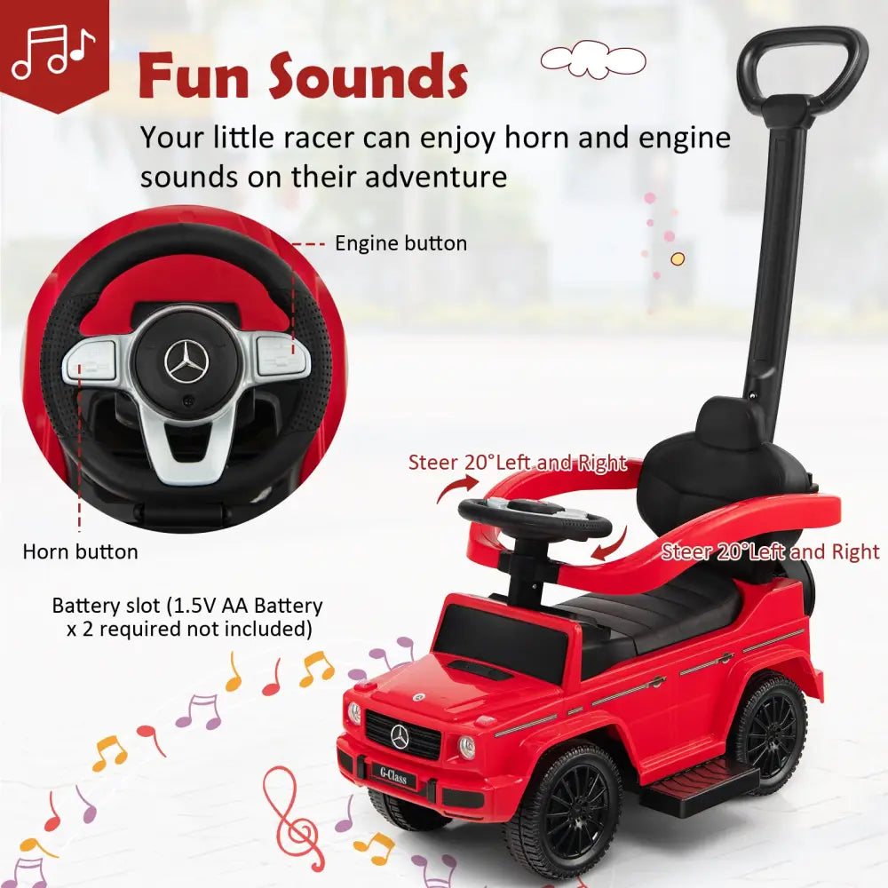 3-In-1 Ride on Push Car Mercedes Benz G350 Stroller Sliding Car with Canopy-Red - Red - Push & Pedal Ride On Toys