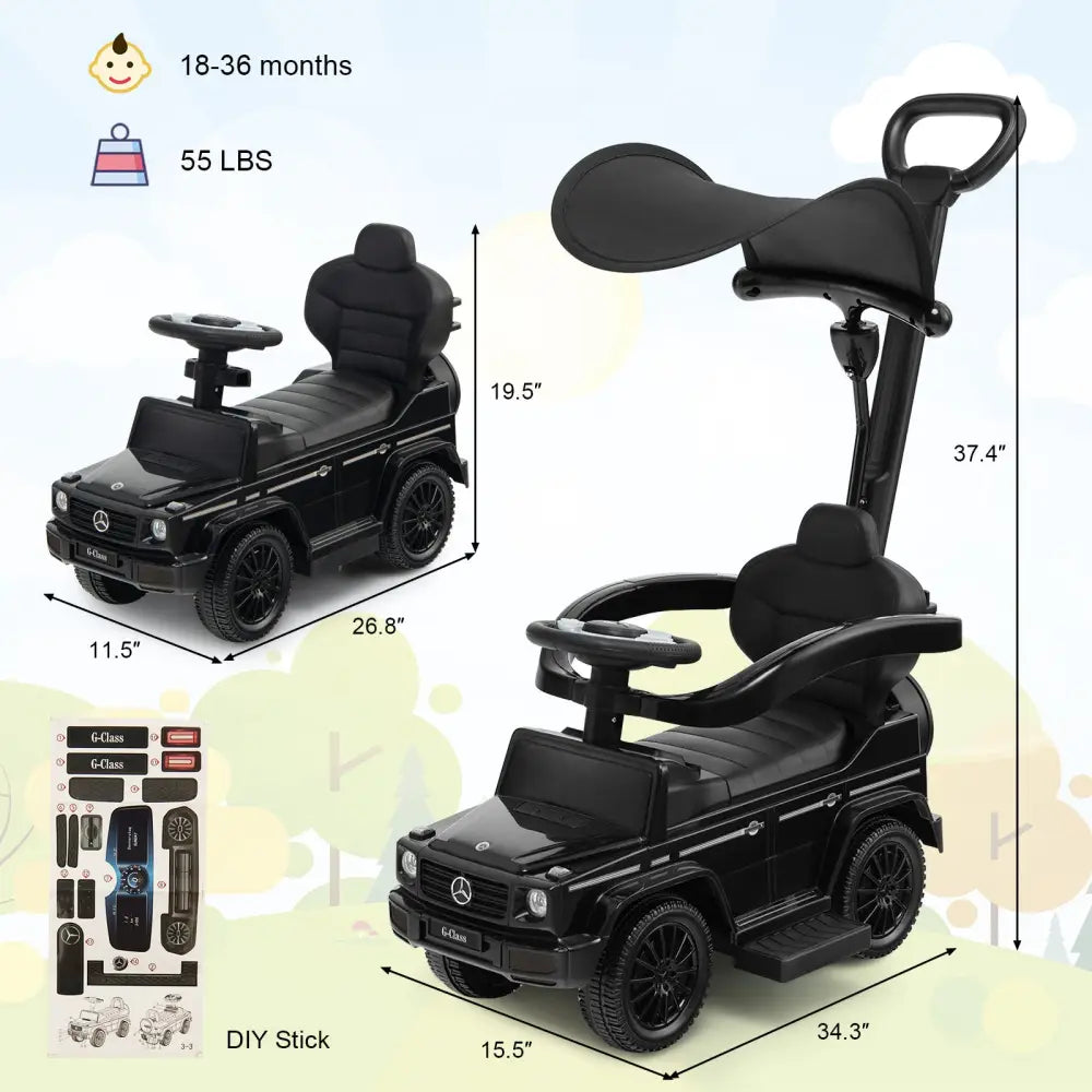 3-In-1 Ride on Push Car Mercedes Benz G350 Stroller Sliding Car with Canopy-Black - Black - Push & Pedal Ride On Toys