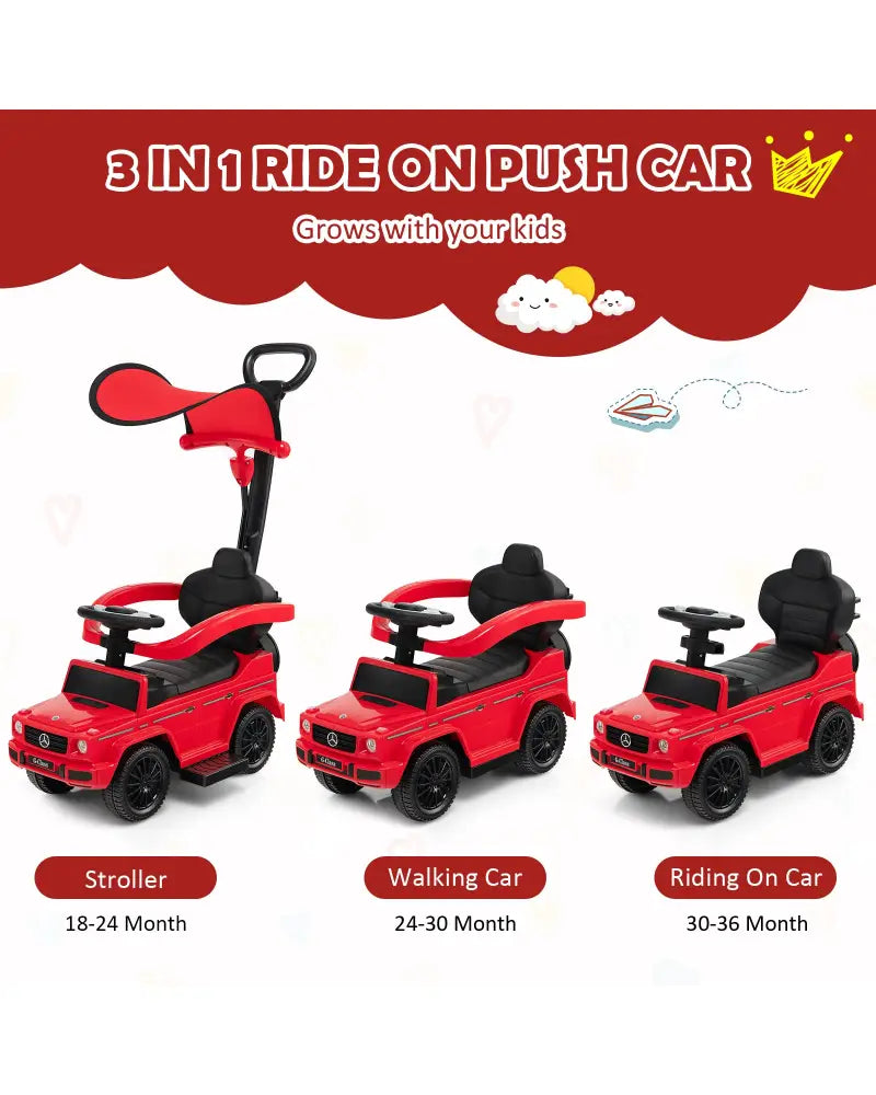 3-In-1 Ride on Push Car Mercedes Benz G350 Stroller Sliding Car with Canopy-Red - Red - Push & Pedal Ride On Toys