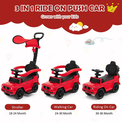 3-In-1 Ride on Push Car Mercedes Benz G350 Stroller Sliding Car with Canopy-Red - Red - Push & Pedal Ride On Toys