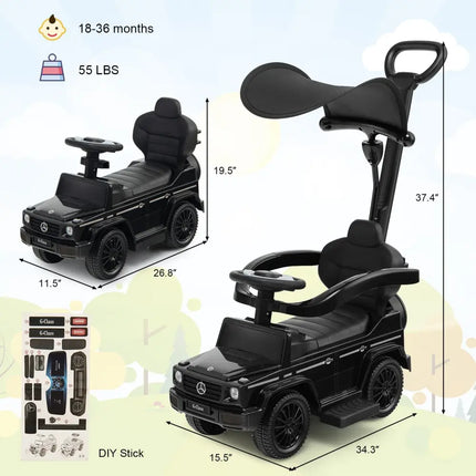 3-In-1 Ride on Push Car Mercedes Benz G350 Stroller Sliding Car with Canopy-Black - Black - Push & Pedal Ride On Toys