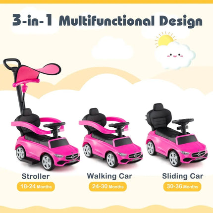 3 - in - 1 Ride on Push Car Mercedes - Benz Licensed Sliding Car with Canopy - Pink - Oasis Home Essentials