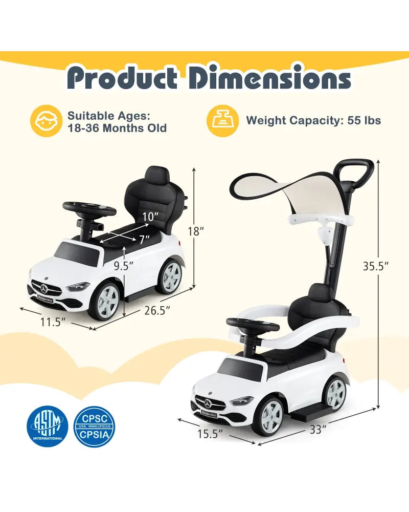 3-in-1 Ride on Push Car Mercedes-Benz Licensed Sliding Car with Canopy-White - White - Push & Pedal Ride On Toys