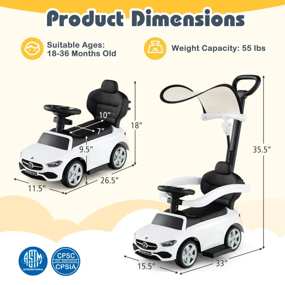 3-in-1 Ride on Push Car Mercedes-Benz Licensed Sliding Car with Canopy-White - White - Push & Pedal Ride On Toys