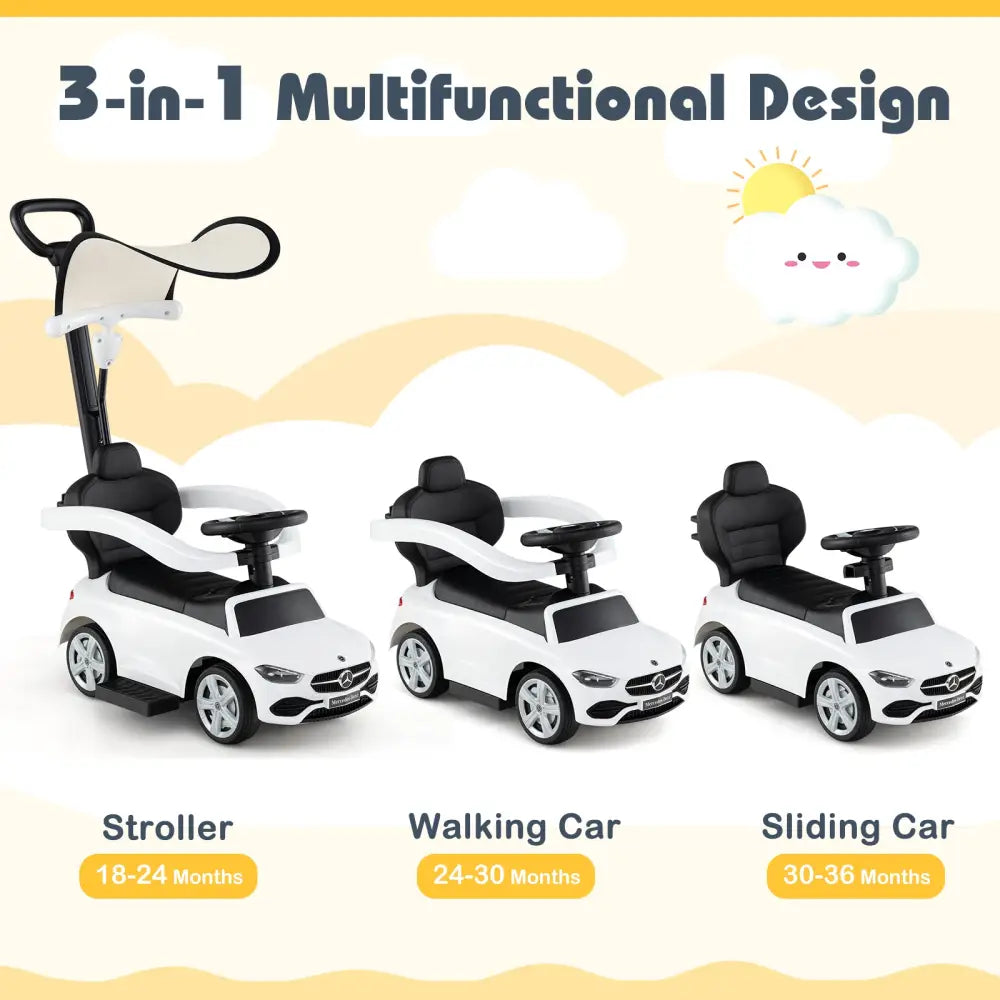 3-in-1 Ride on Push Car Mercedes-Benz Licensed Sliding Car with Canopy-White - White - Push & Pedal Ride On Toys