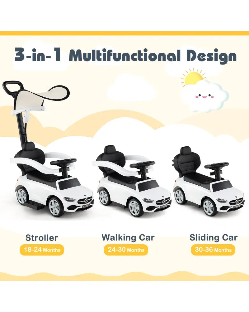 3-in-1 Ride on Push Car Mercedes-Benz Licensed Sliding Car with Canopy-White - White - Push & Pedal Ride On Toys