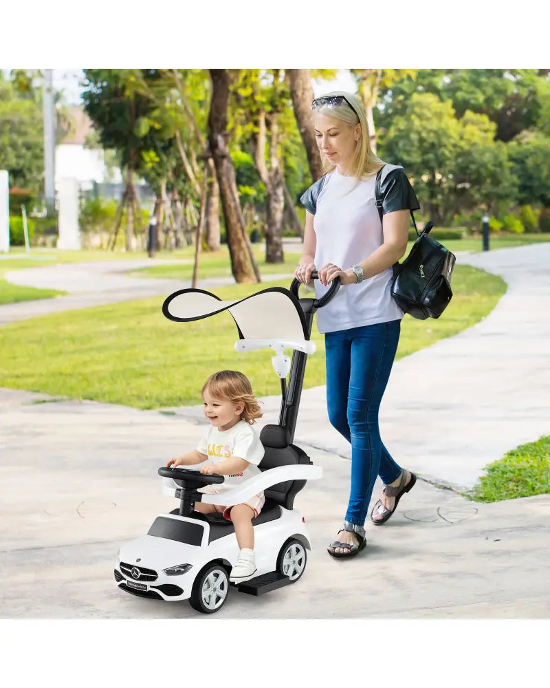 3-in-1 Ride on Push Car Mercedes-Benz Licensed Sliding Car with Canopy-White - White - Push & Pedal Ride On Toys