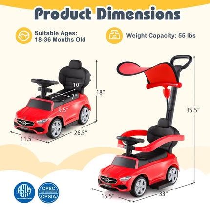 3-in-1 Ride on Push Car Mercedes-Benz Licensed Sliding Car with Canopy-Red - Red - Push & Pedal Ride On Toys