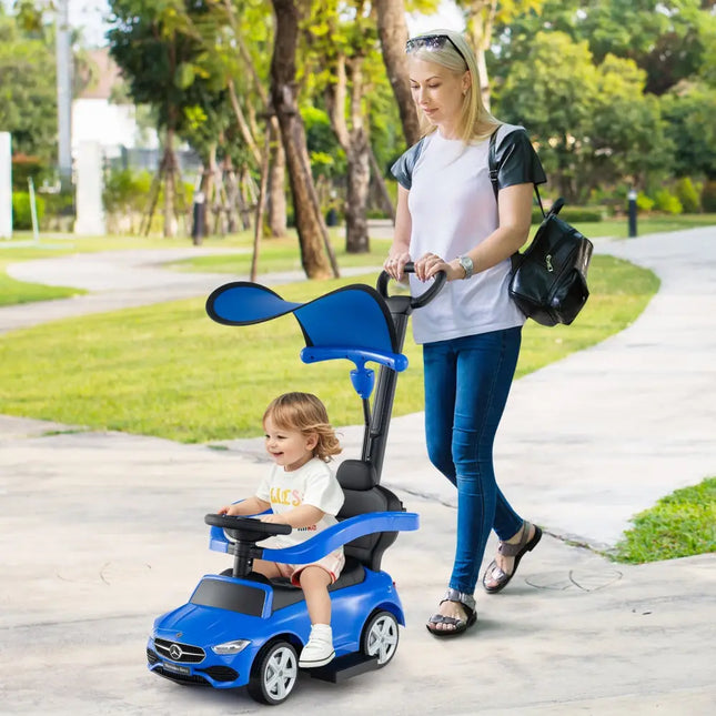 3-in-1 Ride on Push Car Mercedes-Benz Licensed Sliding Car with Canopy-Blue - Blue - Push & Pedal Ride On Toys