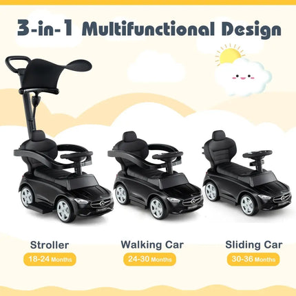 3 - in - 1 Ride on Push Car Mercedes - Benz Licensed Sliding Car with Canopy - Black - Oasis Home Essentials