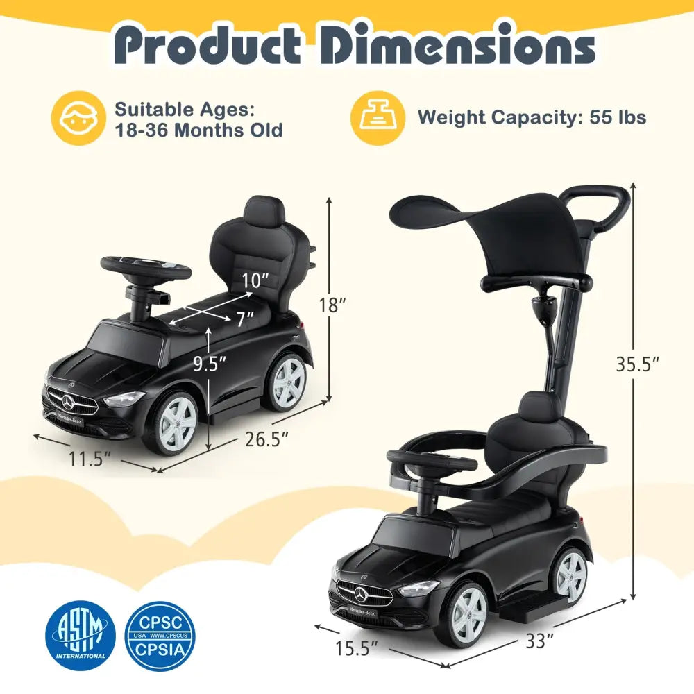 3-in-1 Ride on Push Car Mercedes-Benz Licensed Sliding Car with Canopy-Black - Black - Push & Pedal Ride On Toys
