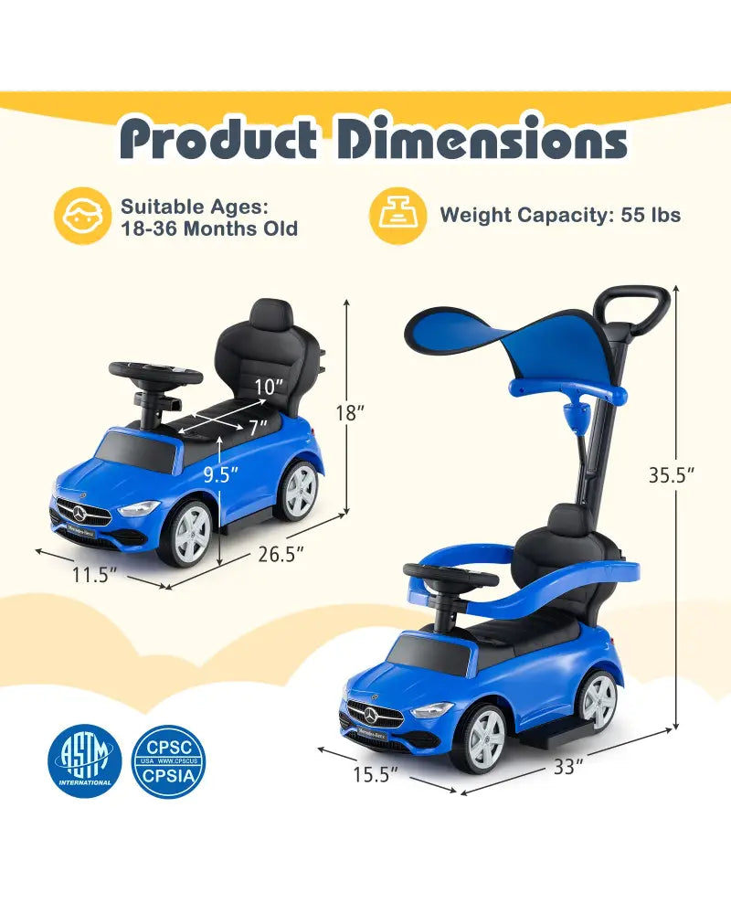 3-in-1 Ride on Push Car Mercedes-Benz Licensed Sliding Car with Canopy-Blue - Blue - Push & Pedal Ride On Toys