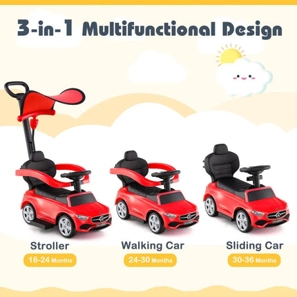 3-in-1 Ride on Push Car Mercedes-Benz Licensed Sliding Car with Canopy-Red - Red - Push & Pedal Ride On Toys