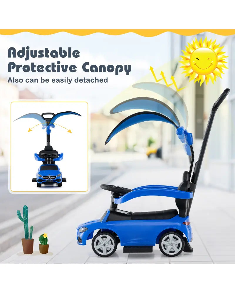 3-in-1 Ride on Push Car Mercedes-Benz Licensed Sliding Car with Canopy-Blue - Blue - Push & Pedal Ride On Toys