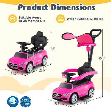 3 - in - 1 Ride on Push Car Mercedes - Benz Licensed Sliding Car with Canopy - Pink - Oasis Home Essentials