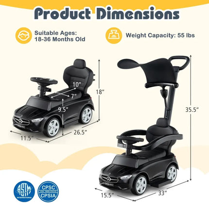 3 - in - 1 Ride on Push Car Mercedes - Benz Licensed Sliding Car with Canopy - Black - Oasis Home Essentials
