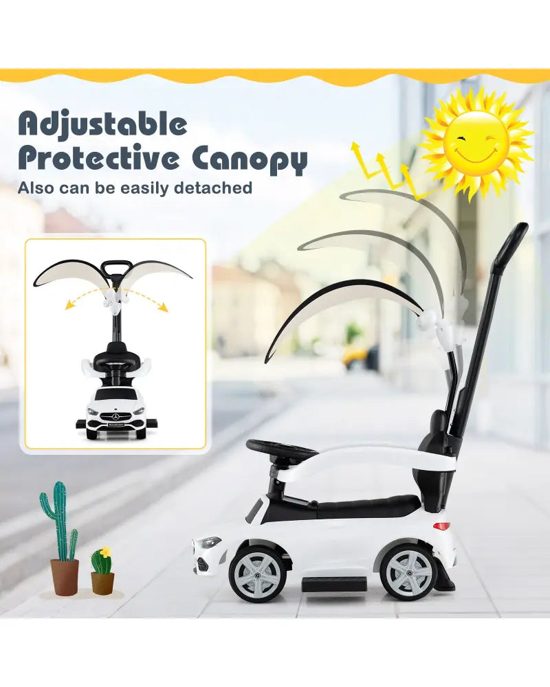 3-in-1 Ride on Push Car Mercedes-Benz Licensed Sliding Car with Canopy-White - White - Push & Pedal Ride On Toys