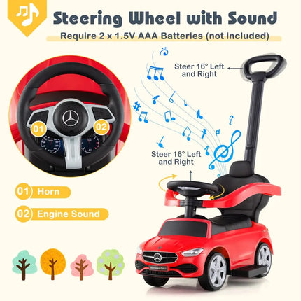 3-in-1 Ride on Push Car Mercedes-Benz Licensed Sliding Car with Canopy-Red - Red - Push & Pedal Ride On Toys