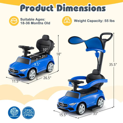 3-in-1 Ride on Push Car Mercedes-Benz Licensed Sliding Car with Canopy-Blue - Blue - Push & Pedal Ride On Toys