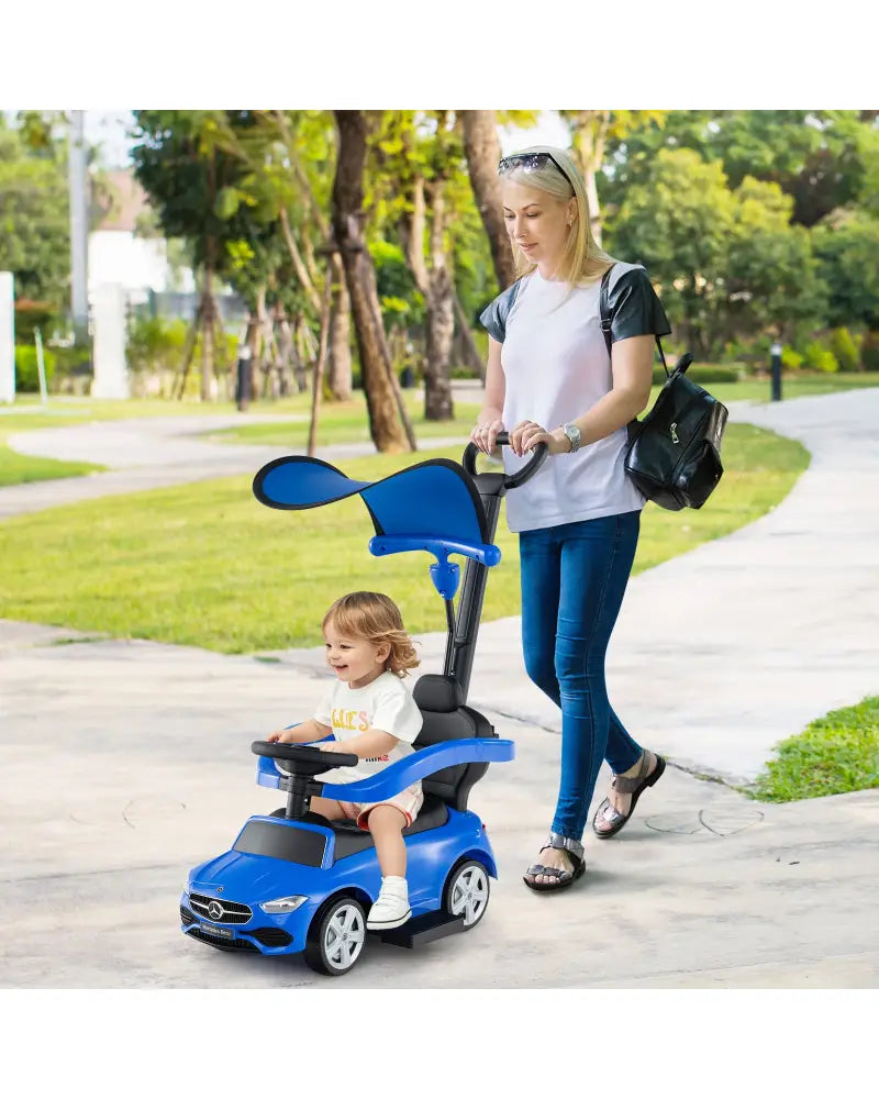 3-in-1 Ride on Push Car Mercedes-Benz Licensed Sliding Car with Canopy-Blue - Blue - Push & Pedal Ride On Toys