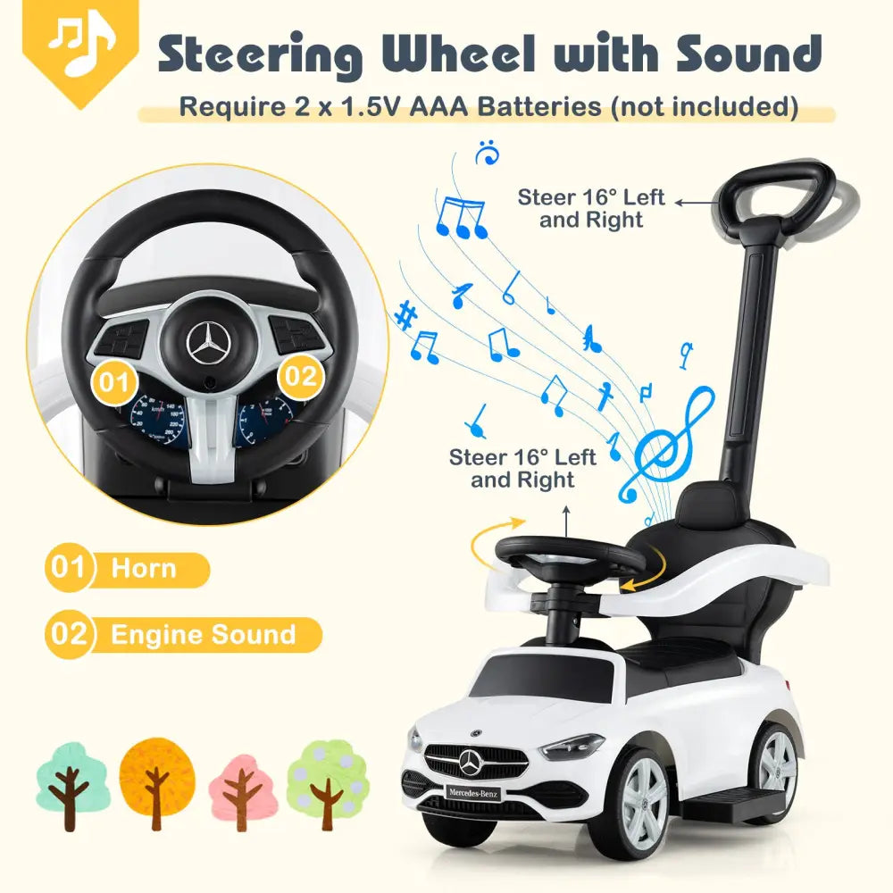 3-in-1 Ride on Push Car Mercedes-Benz Licensed Sliding Car with Canopy-White - White - Push & Pedal Ride On Toys