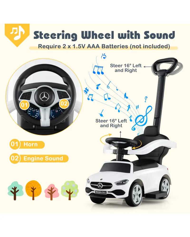 3-in-1 Ride on Push Car Mercedes-Benz Licensed Sliding Car with Canopy-White - White - Push & Pedal Ride On Toys