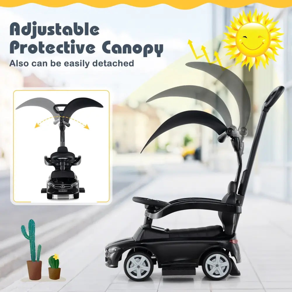 3-in-1 Ride on Push Car Mercedes-Benz Licensed Sliding Car with Canopy-Black - Black - Push & Pedal Ride On Toys