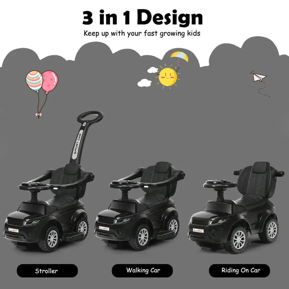 3 in 1 Ride on Push Car Toddler Stroller Sliding Car with Music-Black - Black - Push & Pedal Ride On Toys