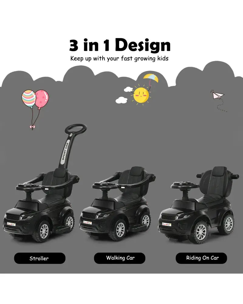 3 in 1 Ride on Push Car Toddler Stroller Sliding Car with Music-Black - Black - Push & Pedal Ride On Toys