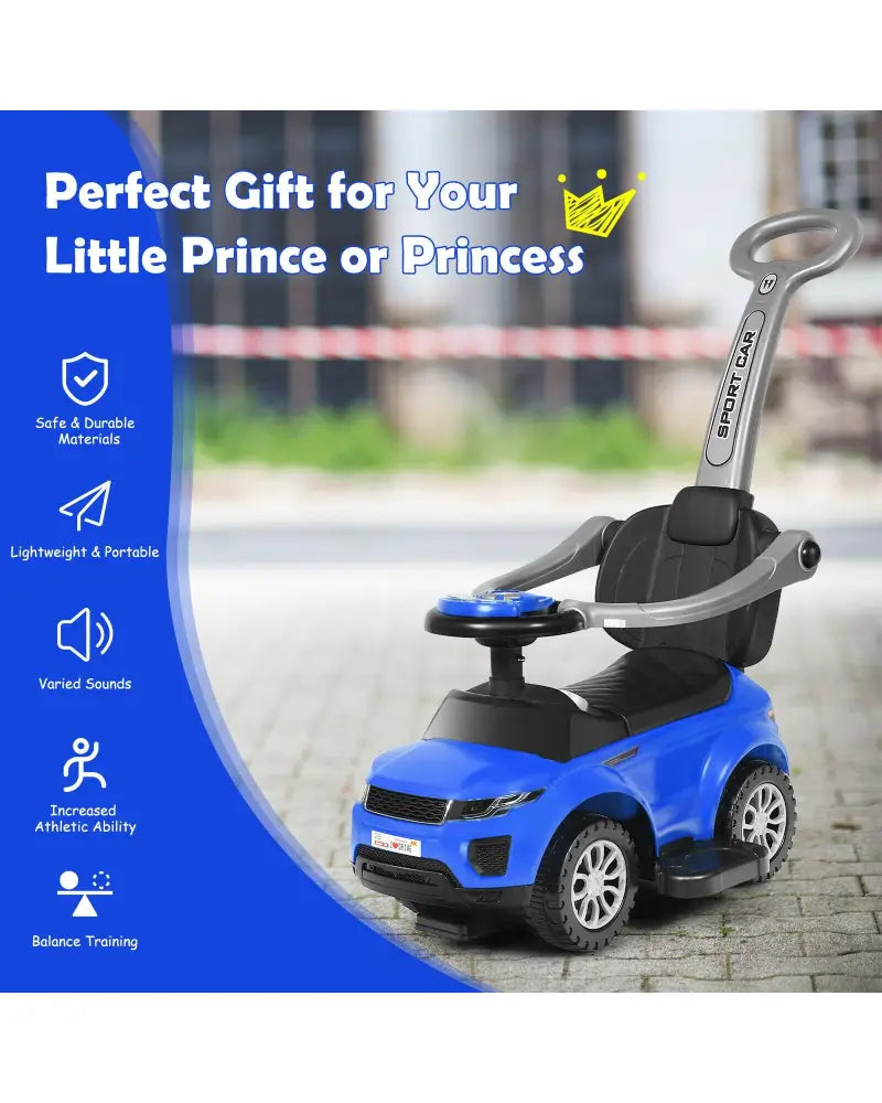 3 In 1 Ride on Push Car Toddler Stroller Sliding Car with Music-Blue - Blue - Push & Pedal Ride On Toys
