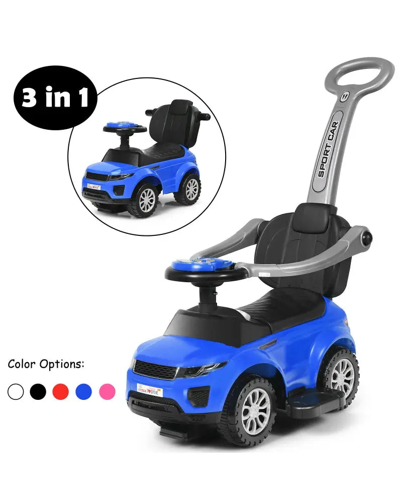 3 In 1 Ride on Push Car Toddler Stroller Sliding Car with Music-Blue - Blue - Push & Pedal Ride On Toys