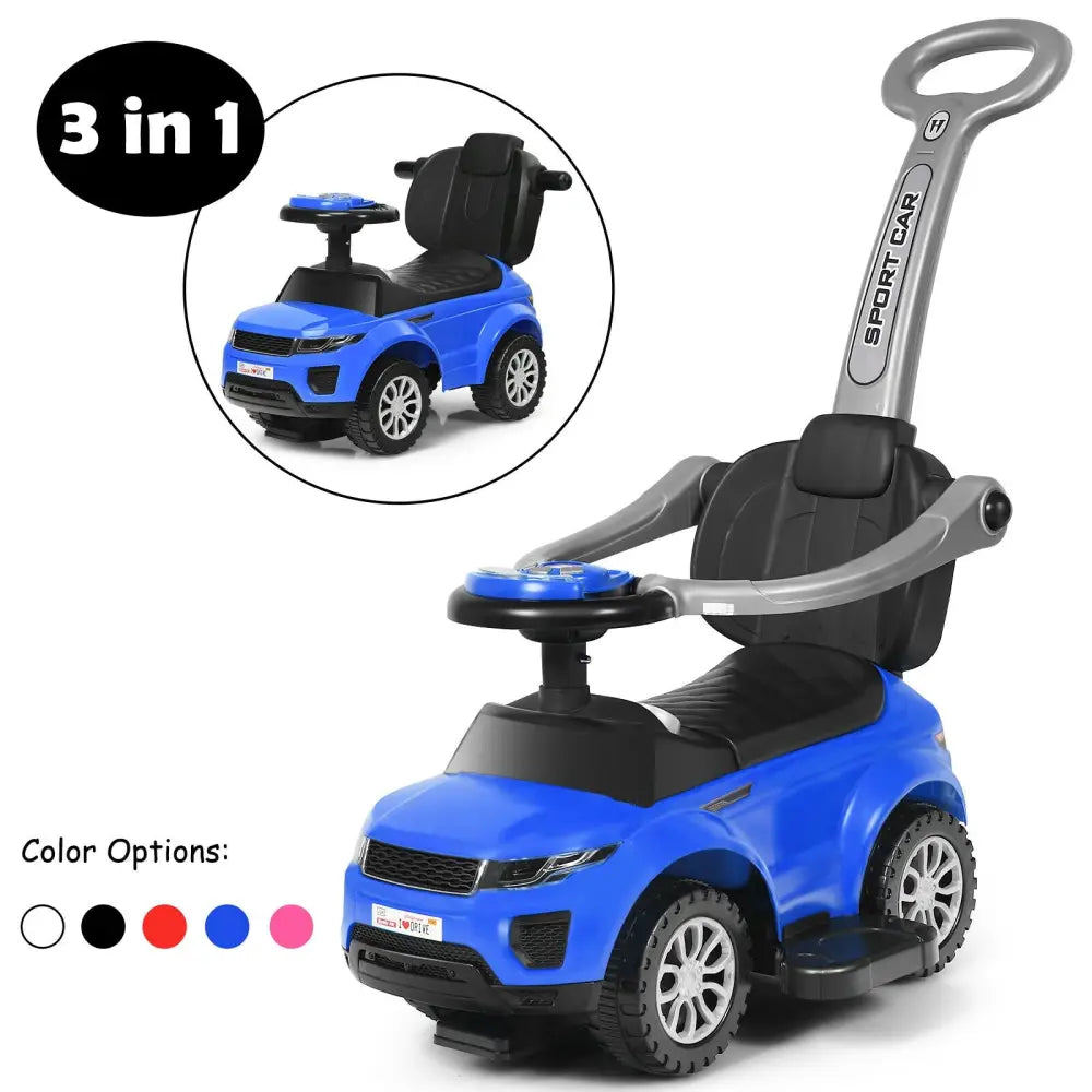 3 In 1 Ride on Push Car Toddler Stroller Sliding Car with Music-Blue - Blue - Push & Pedal Ride On Toys