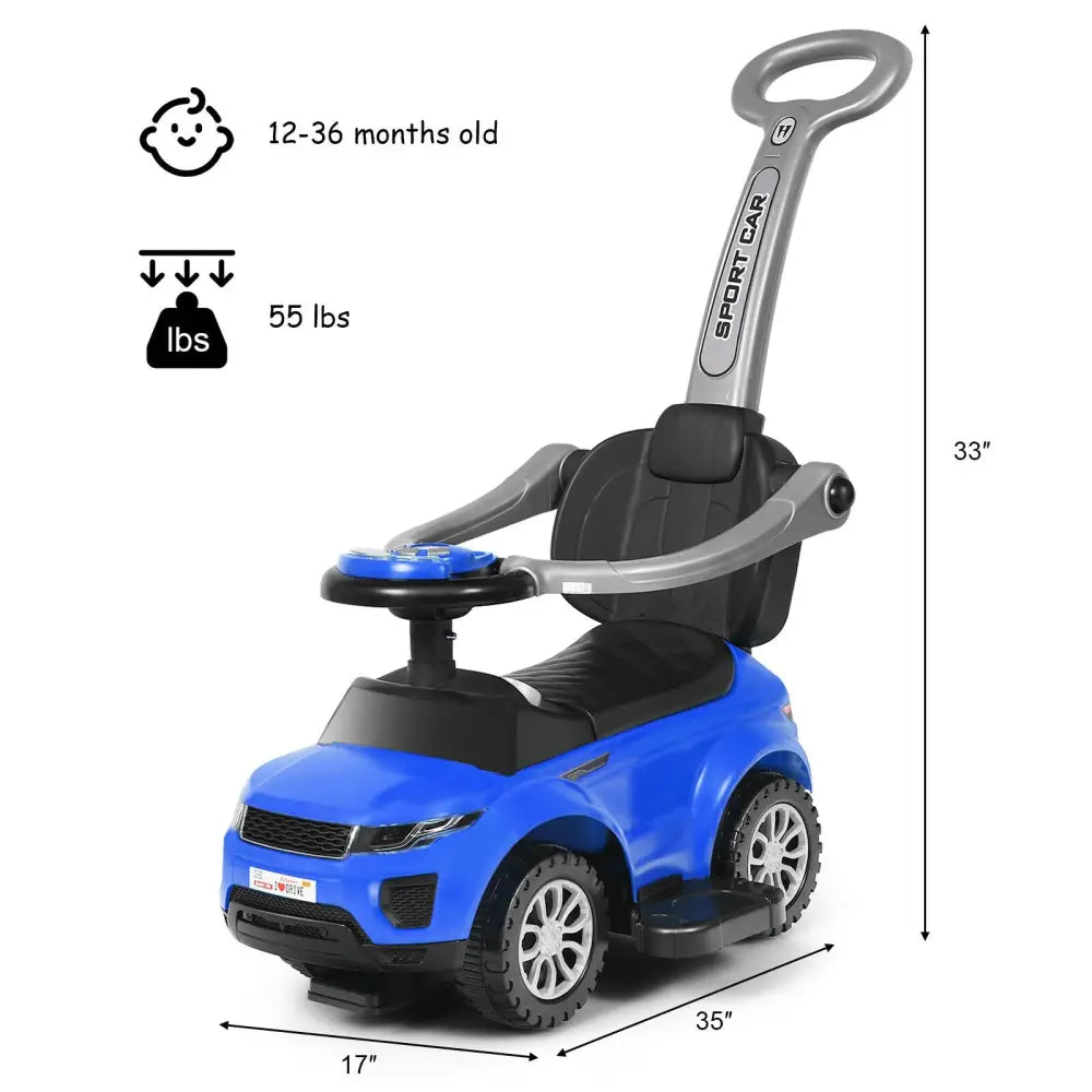 3 In 1 Ride on Push Car Toddler Stroller Sliding Car with Music-Blue - Blue - Push & Pedal Ride On Toys