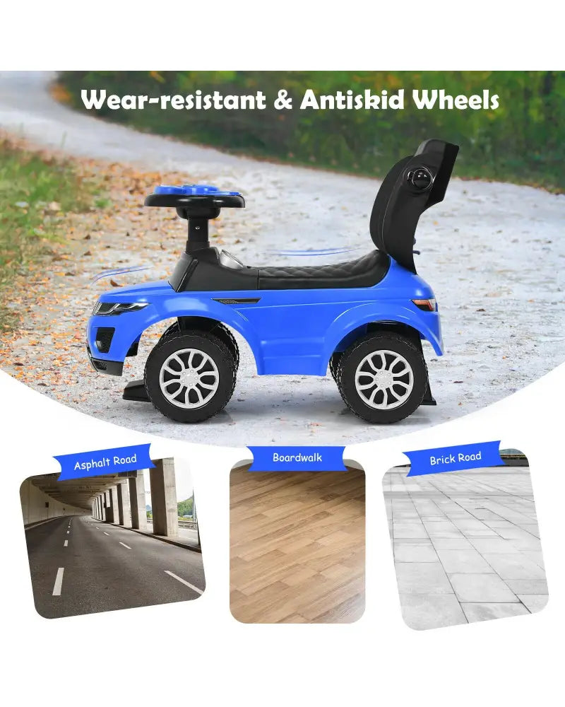 3 In 1 Ride on Push Car Toddler Stroller Sliding Car with Music-Blue - Blue - Push & Pedal Ride On Toys