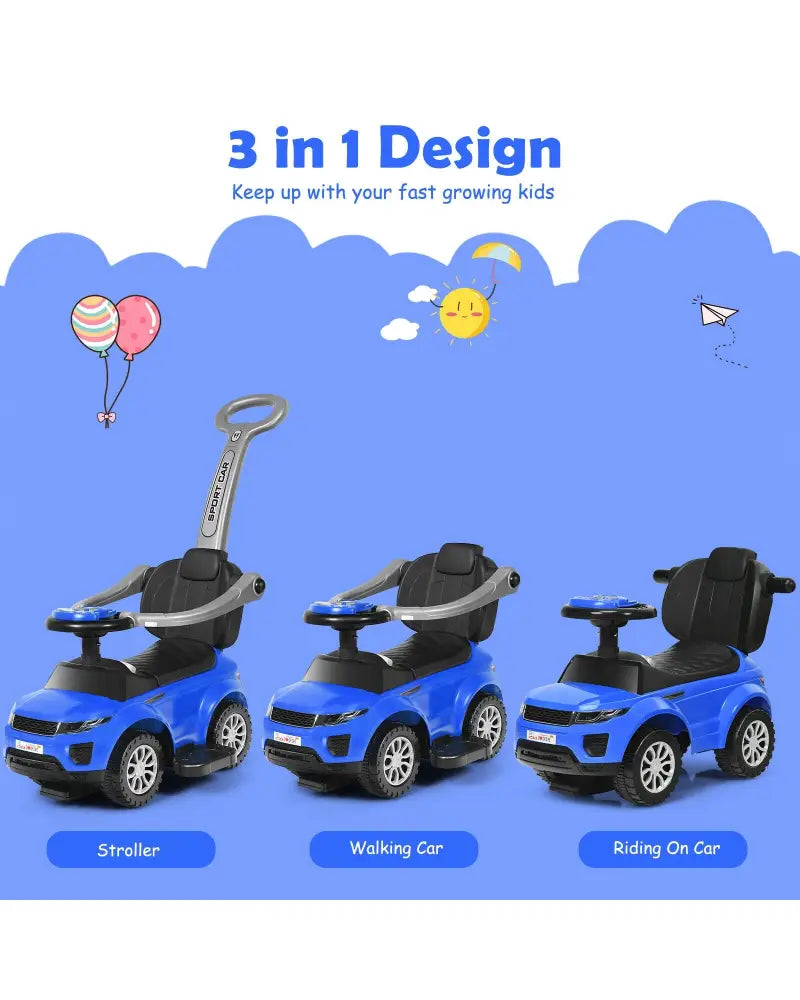 3 In 1 Ride on Push Car Toddler Stroller Sliding Car with Music-Blue - Blue - Push & Pedal Ride On Toys
