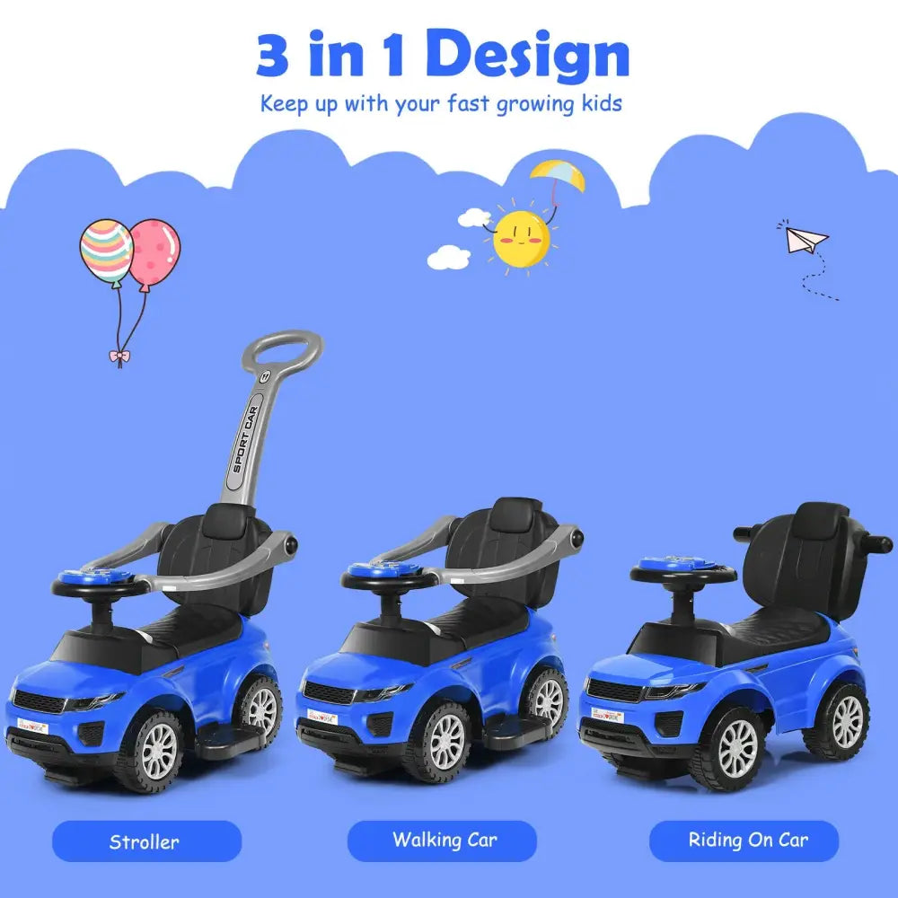 3 In 1 Ride on Push Car Toddler Stroller Sliding Car with Music-Blue - Blue - Push & Pedal Ride On Toys