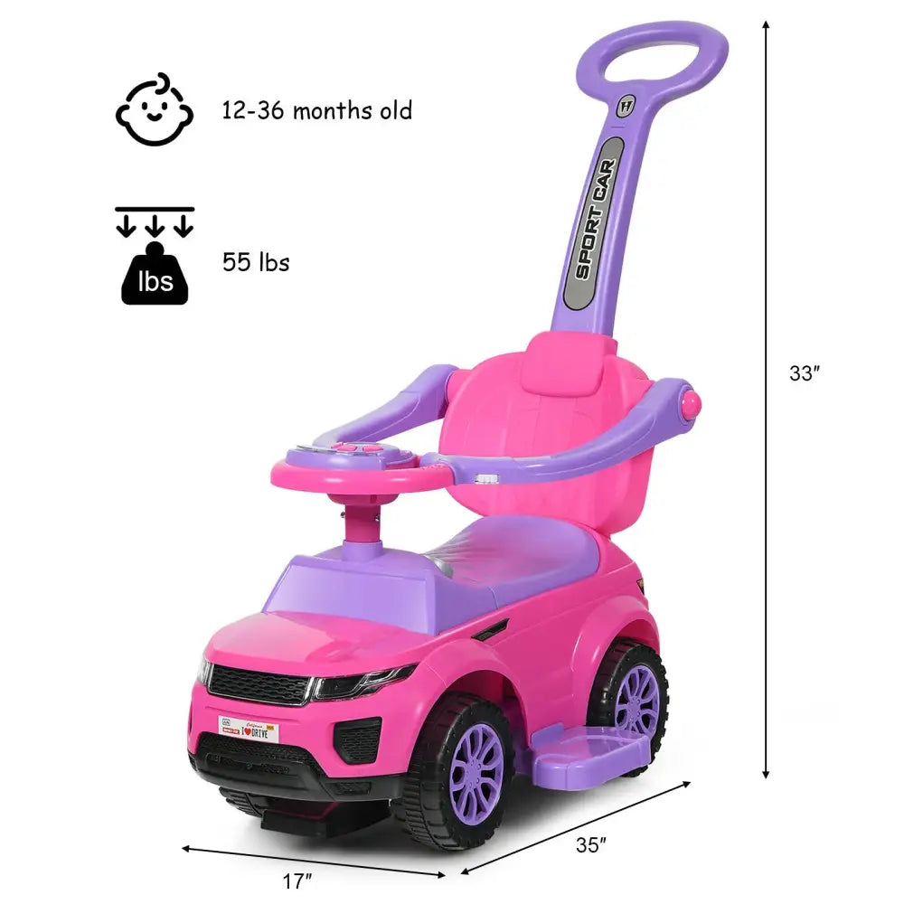 3 in 1 Ride on Push Car Toddler Stroller Sliding Car with Music-Pink - Pink - Push & Pedal Ride On Toys
