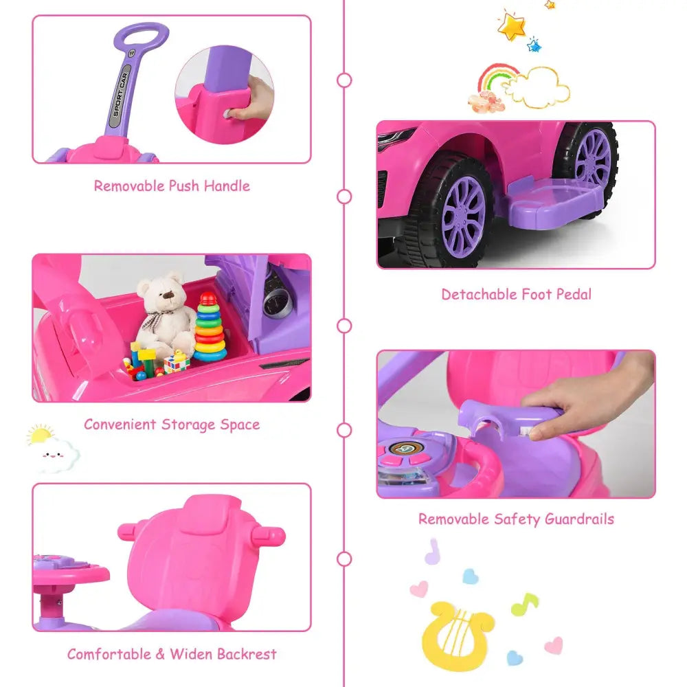 3 in 1 Ride on Push Car Toddler Stroller Sliding Car with Music-Pink - Pink - Push & Pedal Ride On Toys