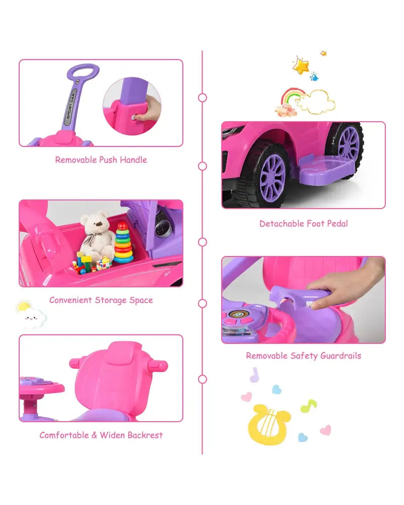 3 in 1 Ride on Push Car Toddler Stroller Sliding Car with Music-Pink - Pink - Push & Pedal Ride On Toys