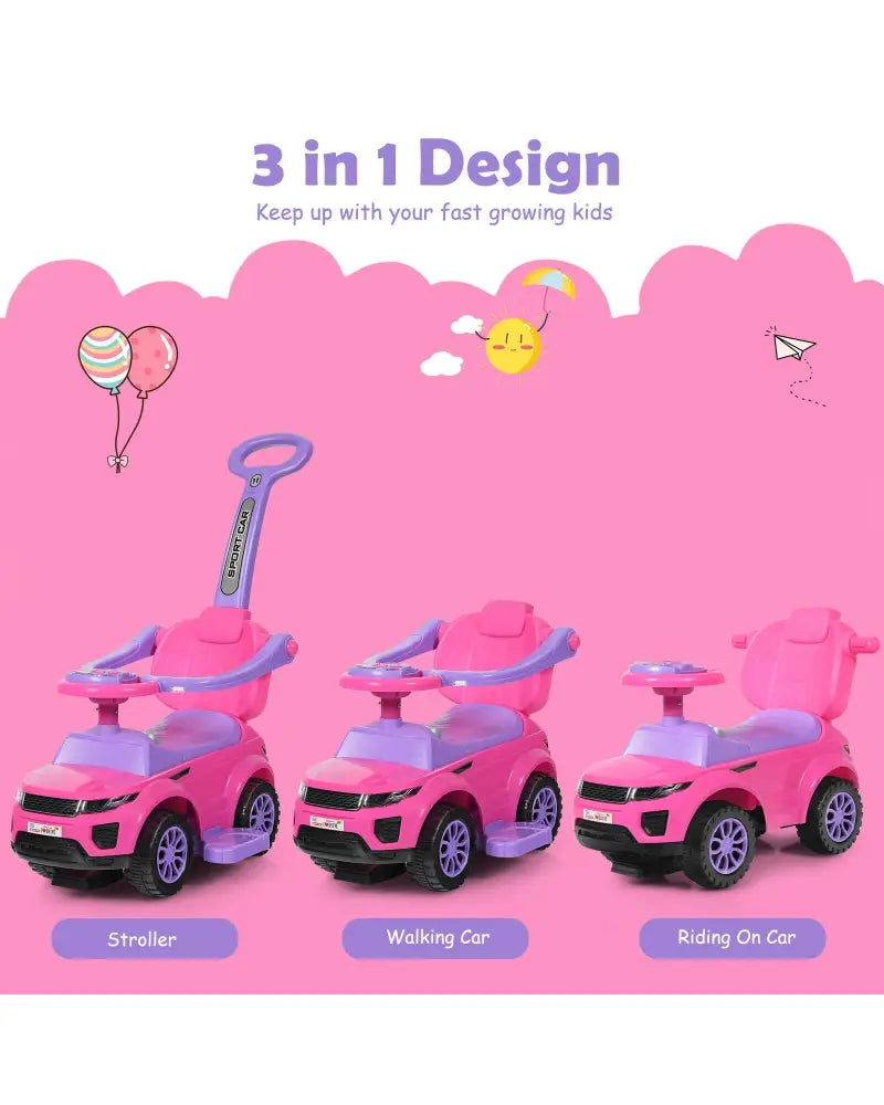 3 in 1 Ride on Push Car Toddler Stroller Sliding Car with Music-Pink - Pink - Push & Pedal Ride On Toys