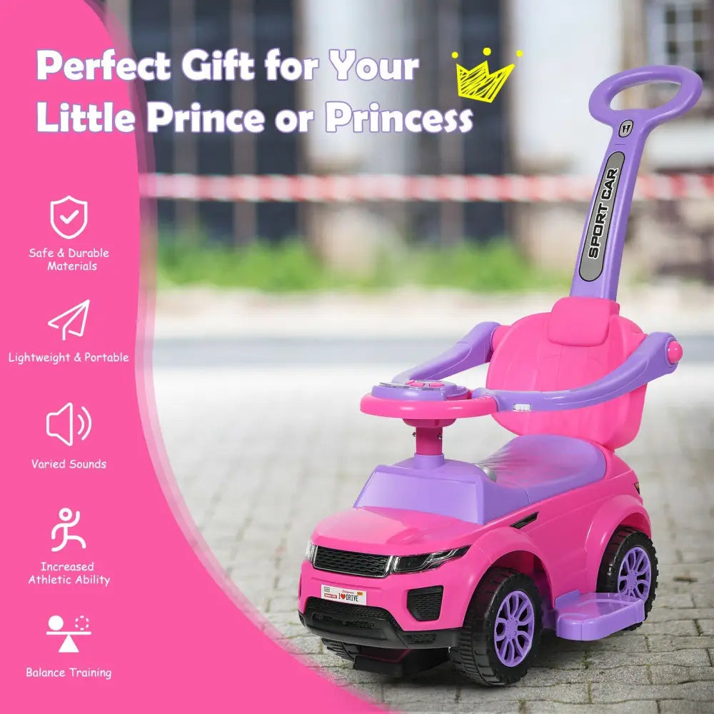 3 in 1 Ride on Push Car Toddler Stroller Sliding Car with Music-Pink - Pink - Push & Pedal Ride On Toys